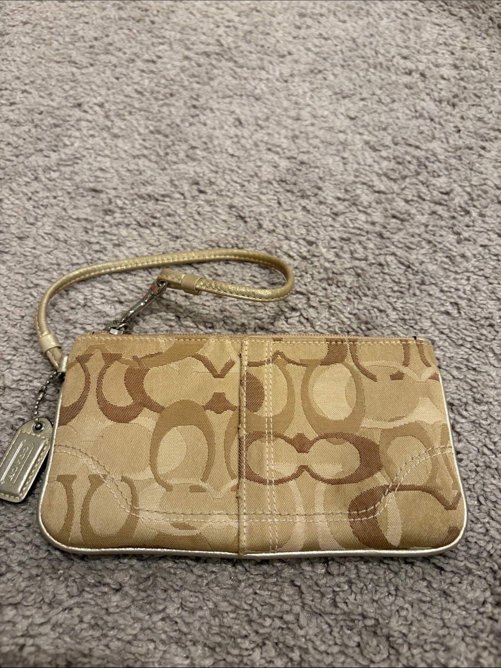Coach Signature Jacquard Wristlet in Tan and Gold